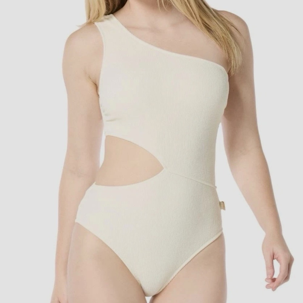 Michael‎ Kors Bone One-Shoulder Side-Cutout One-Piece Swimsuit Ribbed Texture 8